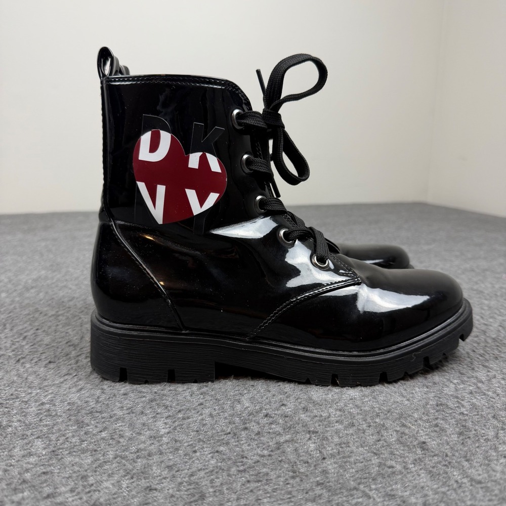 DKNY Combat Boots Girls Size 5 Black Patent Heart Logo DKN008 Lace Up Zip
